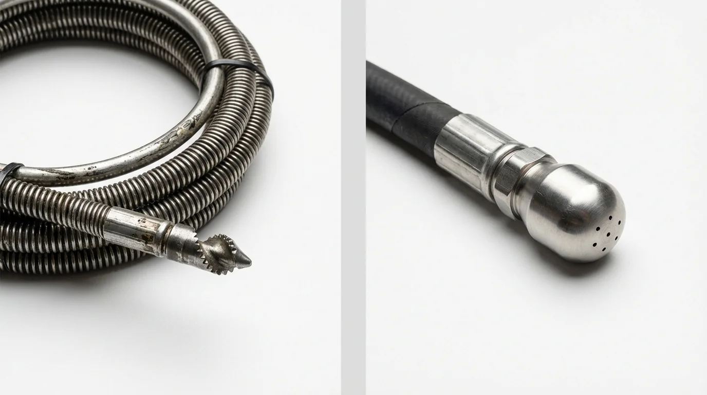 Drain snake cable and hydro jetting nozzle used for drain cleaning in Maple Park, IL