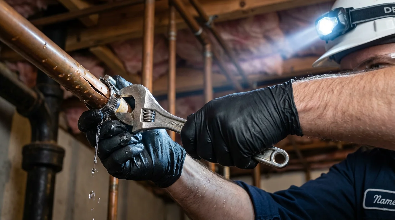 Emergency pipe clamp repair being performed by a Johns Plumbing LLC plumber in Maple Park