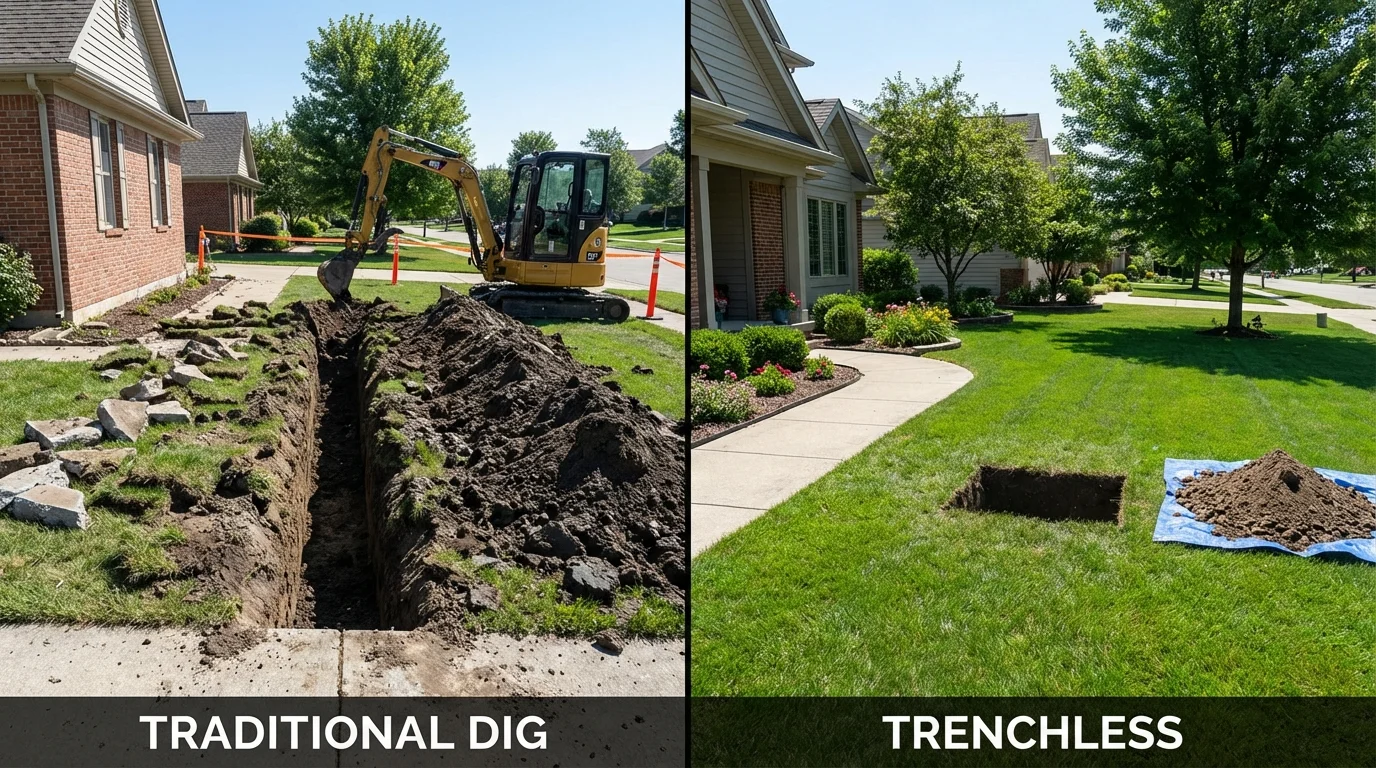 Trenchless sewer repair with minimal yard damage versus traditional excavation in Maple Park, IL