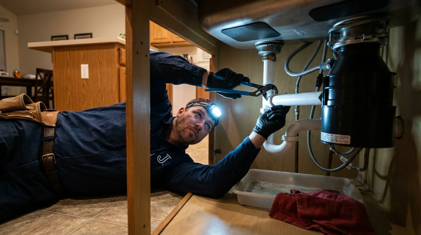 P-trap and supply line connections under a kitchen sink showing a common leak point in Maple Park, IL